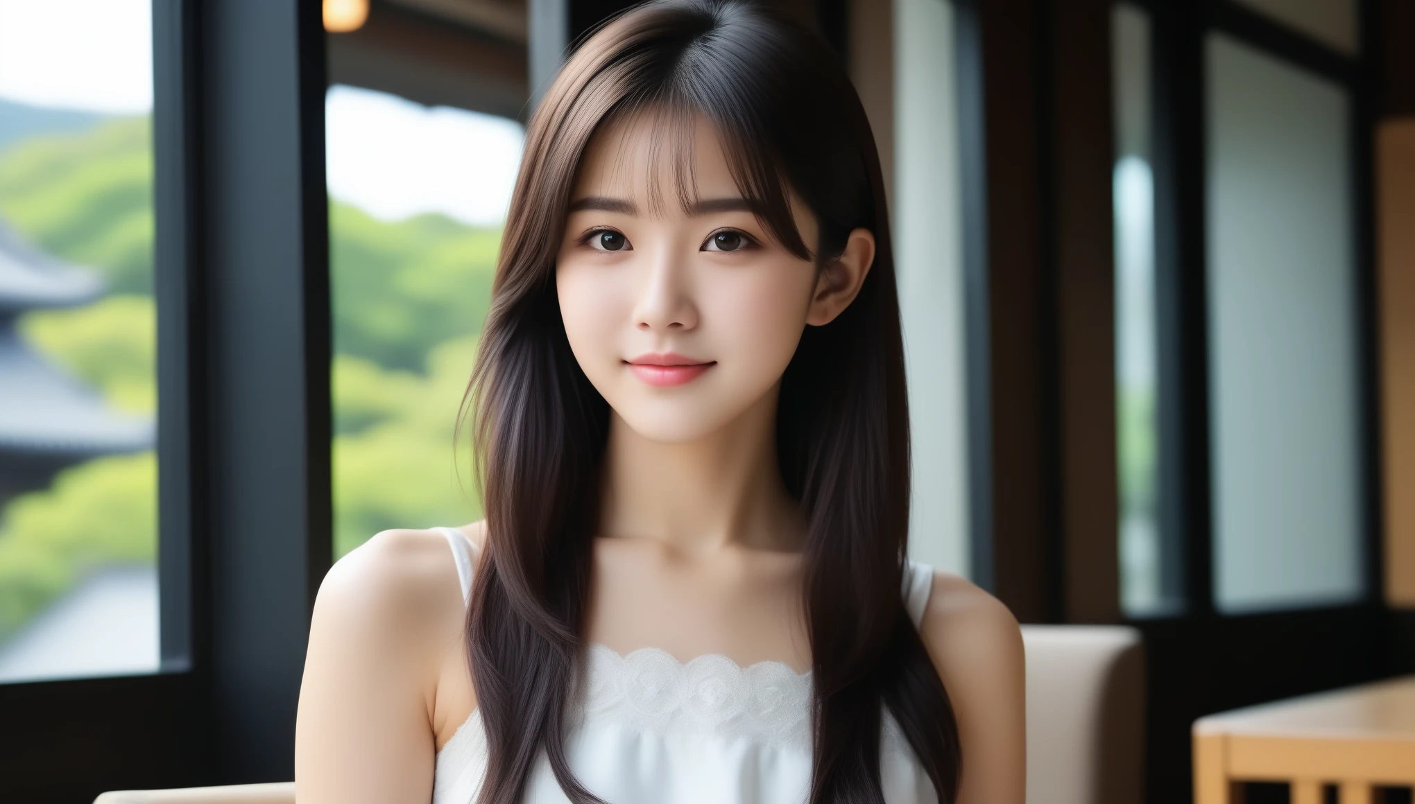 8k, Ultra-high resolution, highest quality, masterpiece, 三分割法によるphotograph,Surreal, photograph, 1 girl, (16 years old:1.3), pretty girl, Cute Face, Beautiful eyes in every detail, 細かくdetailedに,masterpiece,, One Girl:1.2, Japan Female Announcer、Beautiful Japanese Women,Black hair fluttering in the wind,Long Straight Hair,((Dress nicely)),Urban Cafes,Morning sunlight,Feeling clean,smile ,Looking at the audience、beauty,Long neck、Laugh a little、Please close your mouth and laugh、(((Ideal body type))),A-cup small breasts :2,whole body、Perfect Anatomy、鮮明なdetailed、detailed、Surreal、Light and shadow,Strong light
