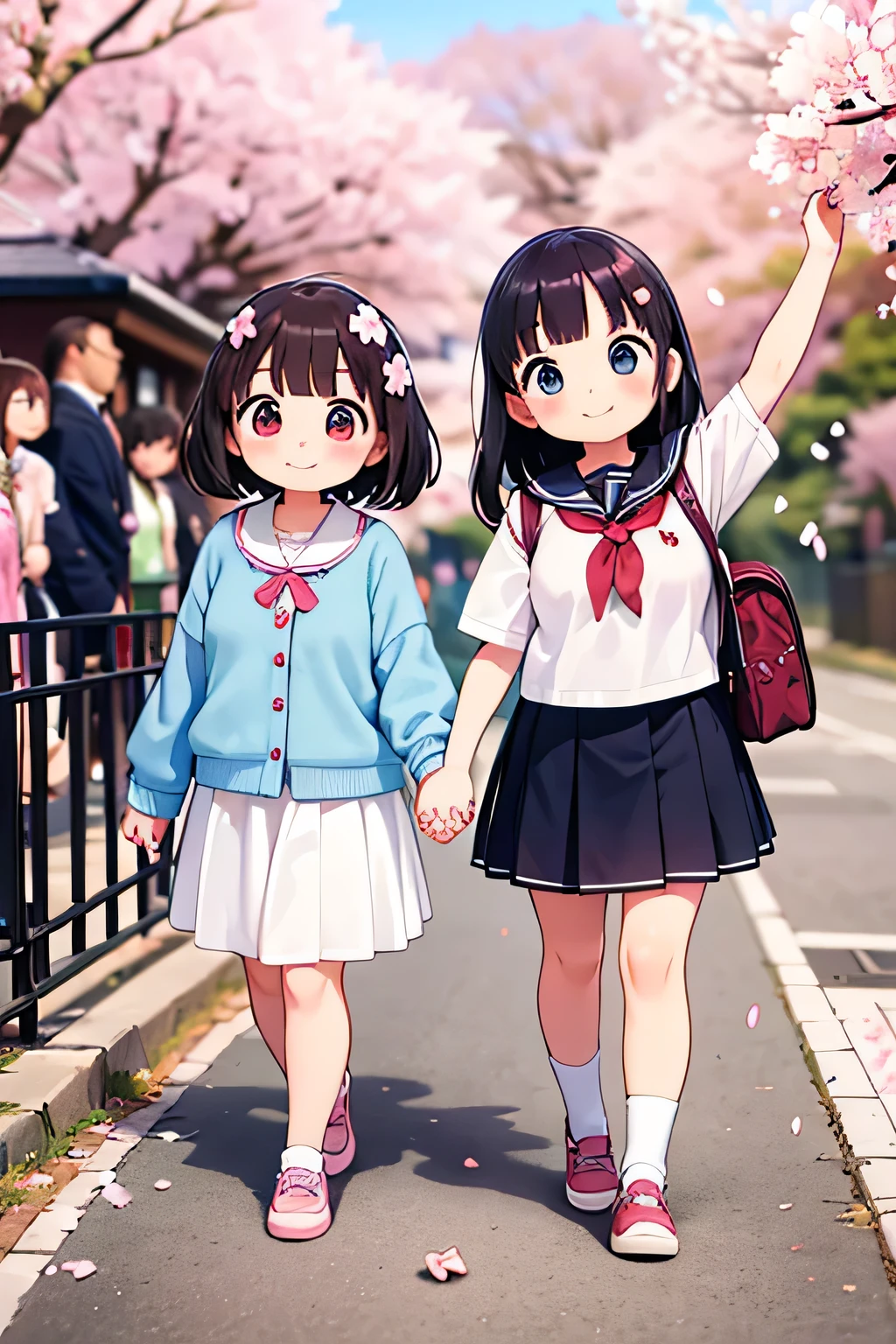 highest quality、High resolution、Detailed Background、(Detailed eyes:1.2)、10 year old beautiful girl、(Highly detailed face:1.4)、Huge breasts、Cute hair color、Cute hairstyle、
Carrying your backpack tightly、Walking energetically with small steps、
(The sight of children happily walking to school holding hands with their friends, chatting with smiles on their faces, and surrounded by falling cherry blossom petals:1.5)、
So cute!、It's soothing to watch.、
The way to school、A moment of fun、
Of girls with exciting hearts、A scene of friendship、
I can't help but smile、Such a day々In the scenery、
Watching over your little back makes me feel kind、
Because we wish for a childlike innocence and healthy growth、
A light blue uniform-style sailor dress with the hope that she will make her life better from now on.、
Stylish and clean-looking T-shirts and polo shirts with designs decorated with frills and ribbons、Skirts and culottes are suitable、Jackets and cardigans are recommended、
The design is decorated with ribbons and lace for a cute look.、Sneakers or flat shoes are recommended