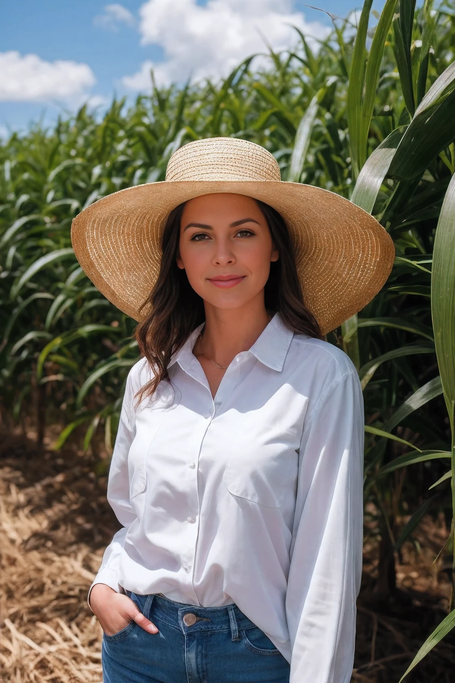 An agronomist woman dressed in jeans and a white long-sleeved shirt, sun hat, and boots, is in a sugar cane field with sunny weather. There are not many clouds in the sky, which is blue. The image should be realistic and in 8k resolution.