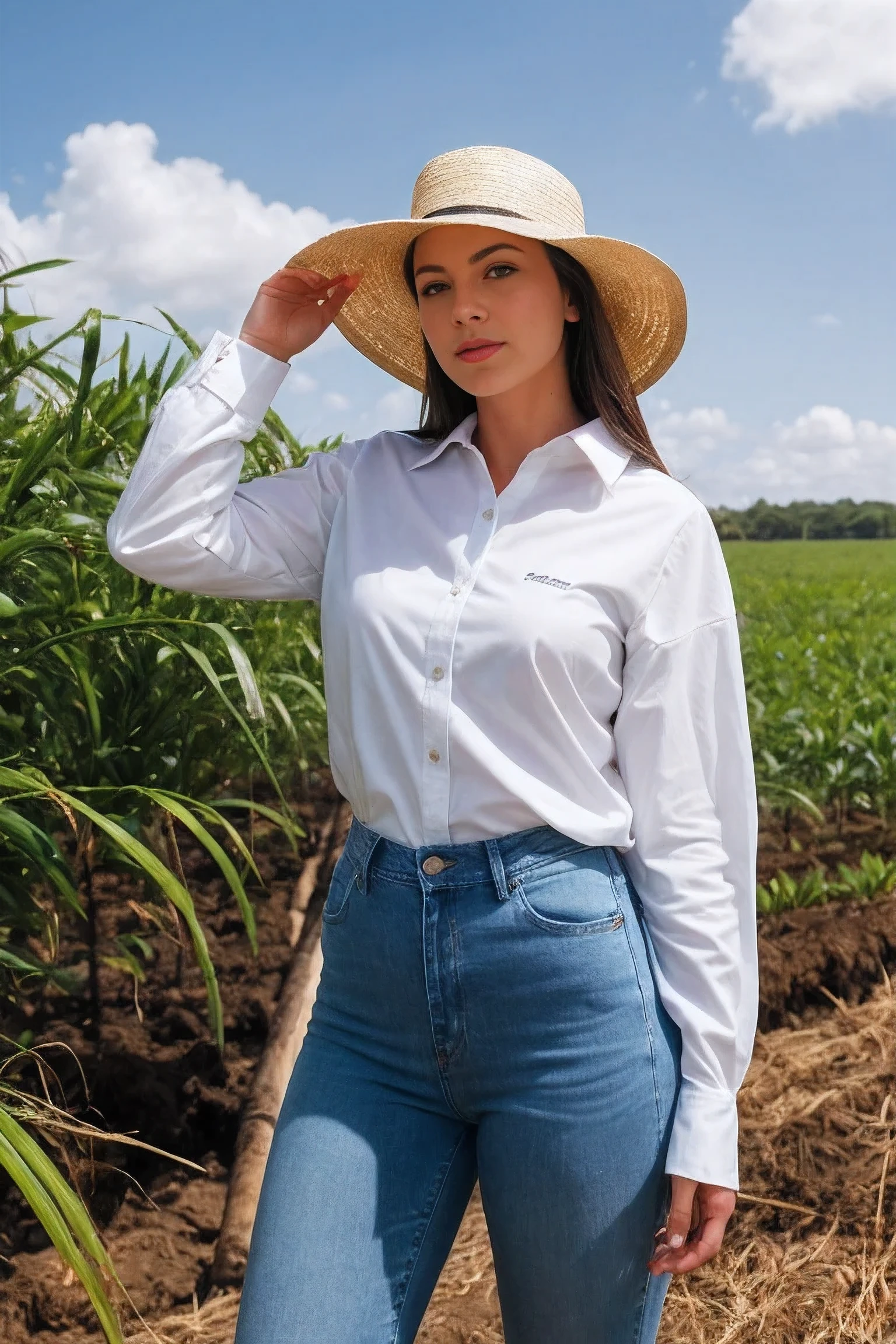 An agronomist woman dressed in jeans and a white long-sleeved shirt, sun hat, and boots, is in a sugar cane field with sunny weather. There are not many clouds in the sky, which is blue. The image should be realistic and in 8k resolution.