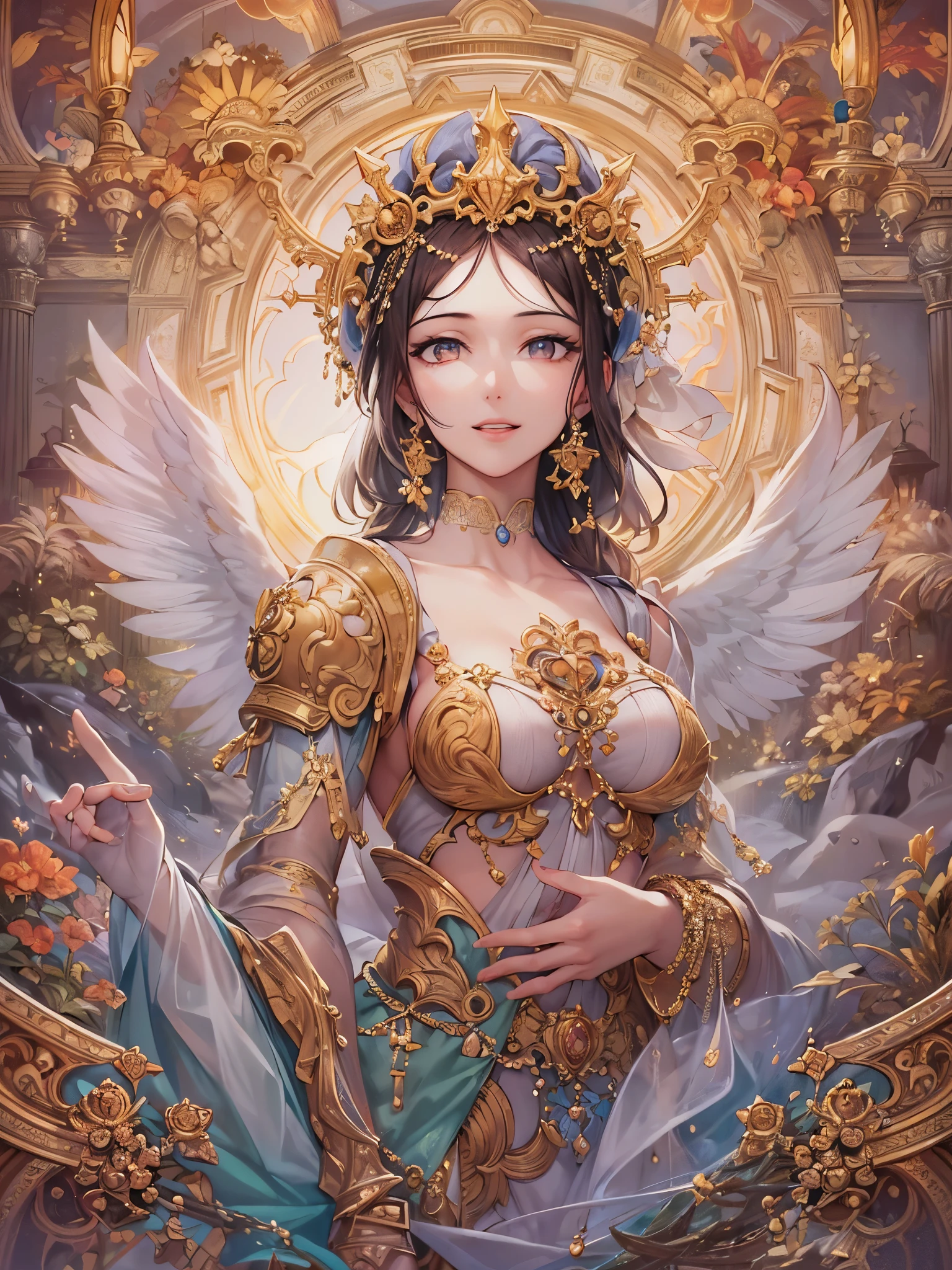 ((highest quality)),(Ultra-high resolution),(Very detailed),(Detailed Description),((The best CG)),(A masterpiece),Ultra-detailed art,Amazing drawing art,(Art with precise details:1.5), (1 adult female:1.6),(Beautiful and well-proportioned face:1.5),smile:1.6, creation of heaven and earth,Heaven and earth are opened,Unparalleled in the world,Invincible
