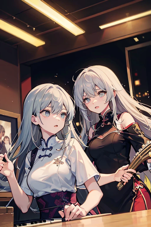 Two Girls, A girl is holding a piano, A girl is holding a lute, Gray Hair, Cyansia Fantasy, CG Social Popularity, Chinese Tower, Potential customers emerge, Hair is scattered, Motion Blur, Cinema Lighting, Blurred foreground, Motion Lines, Attention to detail, 16k, High resolution, Textured skin, Super detailed