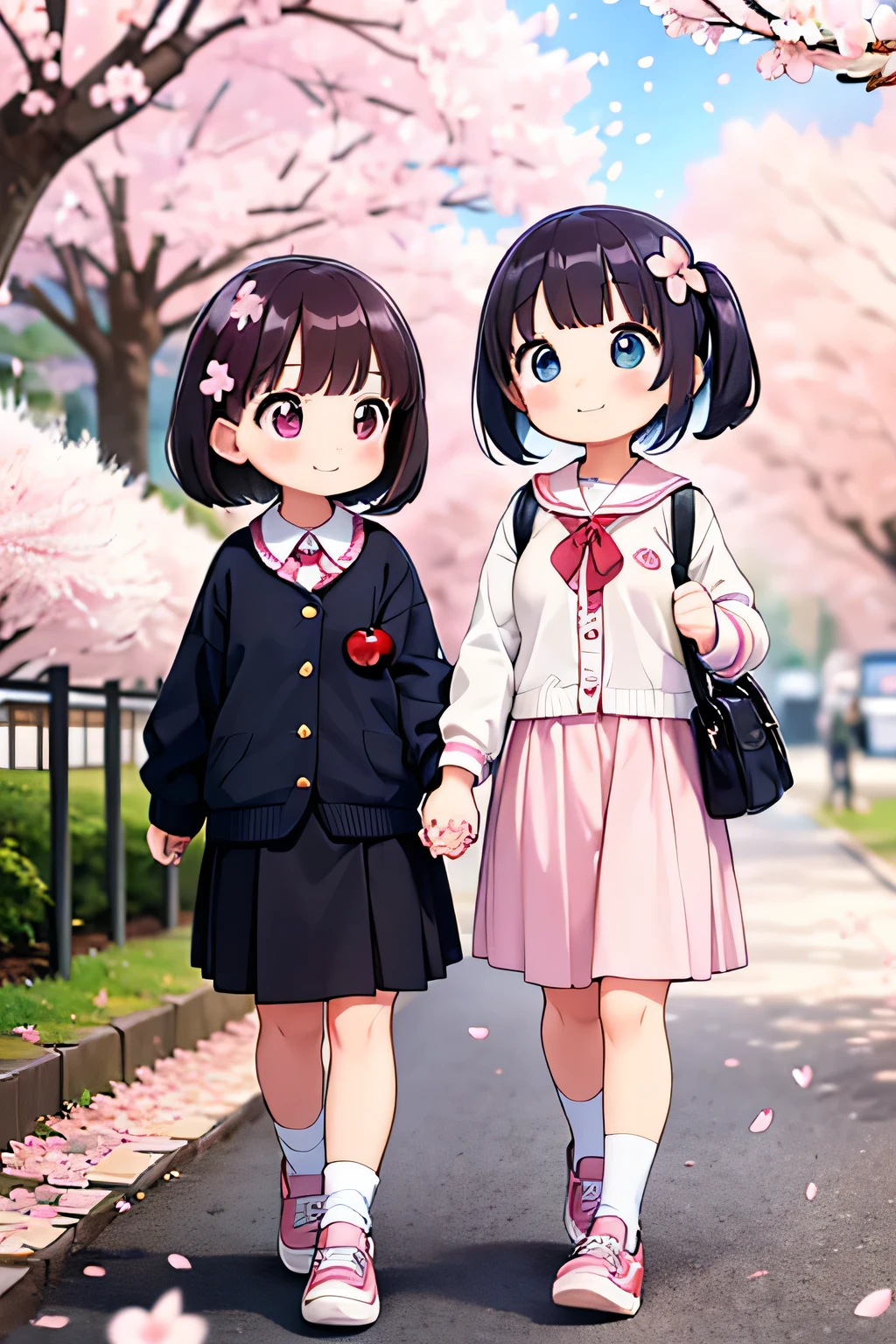 highest quality、High resolution、Detailed Background、(Detailed eyes:1.2)、10 year old beautiful girl、(Highly detailed face:1.4)、Huge breasts、Cute hair color、Cute hairstyle、
Carrying your backpack tightly、Walking energetically with small steps、
(The sight of children happily walking to school holding hands with their friends, chatting with smiles on their faces, and surrounded by falling cherry blossom petals:1.5)、
So cute!、It's soothing to watch.、
The way to school、A moment of fun、
Of girls with exciting hearts、A scene of friendship、
I can't help but smile、Such a day々In the scenery、
Watching over your little back makes me feel kind、
Because we wish for a childlike innocence and healthy growth、
A light blue uniform-style sailor dress with the hope that she will make her life better from now on.、
Stylish and clean-looking T-shirts and polo shirts with designs decorated with frills and ribbons、Skirts and culottes are suitable、Jackets and cardigans are recommended、
The design is decorated with ribbons and lace for a cute look.、Sneakers or flat shoes are recommended