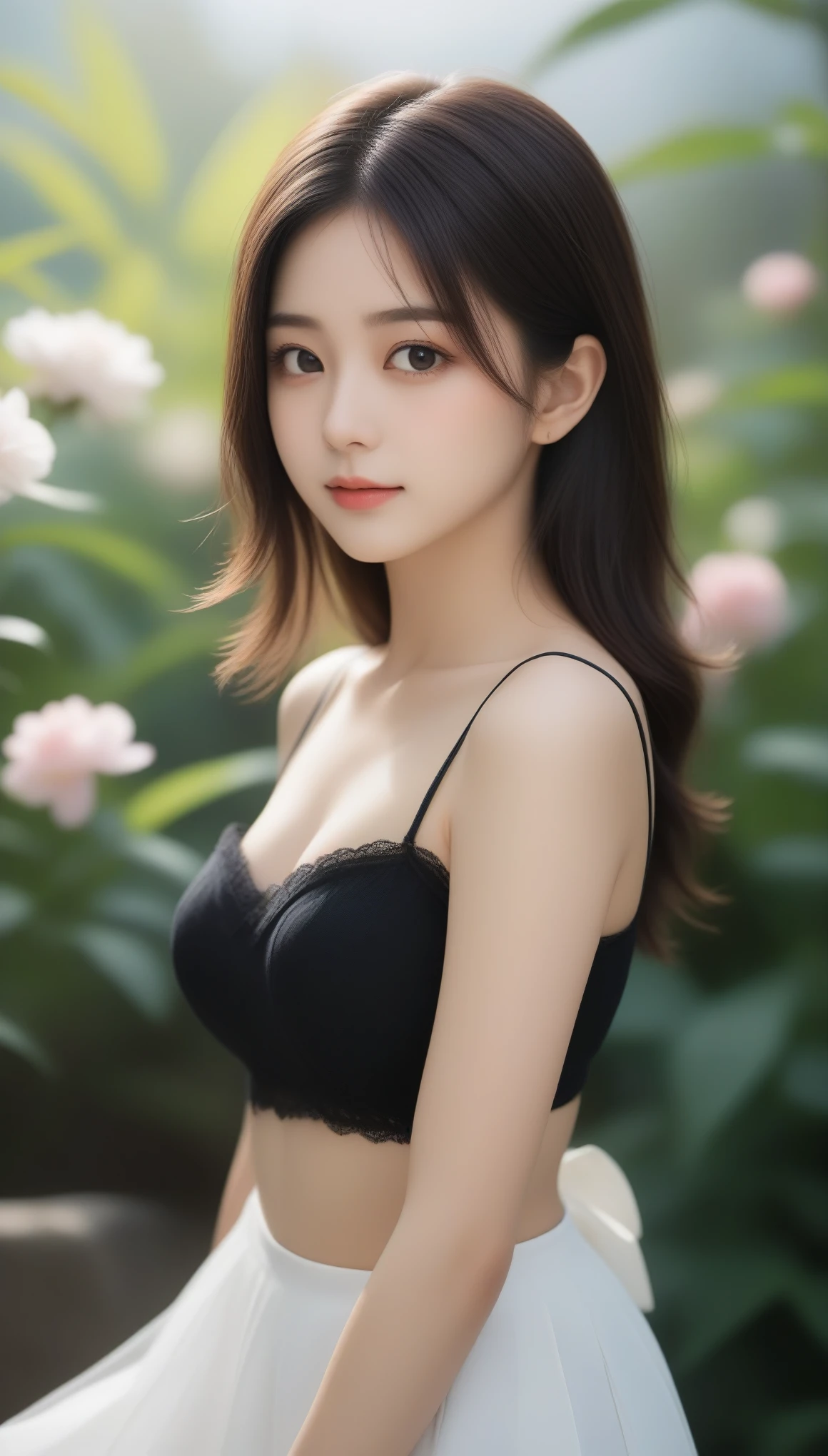 8k, Ultra-high resolution, highest quality, masterpiece, 三分割法によるphotograph,Surreal, photograph, 1 girl, (:1.3), pretty girl, Cute Face, Beautiful eyes in every detail, 細かくdetailedに,masterpiece,, One Girl:1.2, Japan Female Announcer、Beautiful Japanese Women,A woman wearing a black top and black stockings ,Looking at the audience、beauty,Long neck、Laugh a little、Please close your mouth and laugh、(((Ideal body type))),A-cup small breasts :2,whole body、Perfect Anatomy、鮮明なdetailed、detailed、Surreal、Light and shadow,Strong light