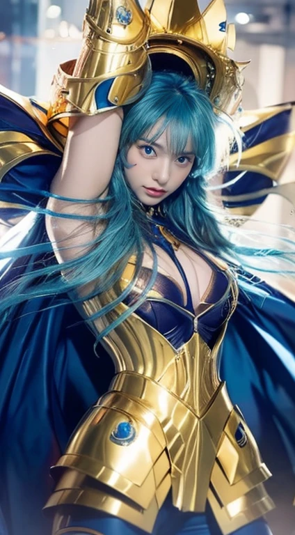 Angel in the sky,dark blue hair,yellow wing,dark blue and yellow costume and armor