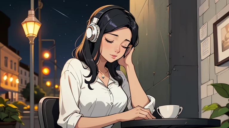 Beautiful woman in her 30s with black hair is sitting with headphones on the cafe terrace. Looking down, eyes closed, LOFI girl, alone in the room, blouse, cozy wallpaper, relaxing mood, night core, cozy, only five fingers, European cityscape