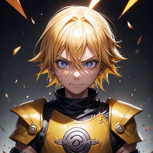 smile, Blood_Skeletor, Bright Eyes, One boy, uzumaki naruto, Blonde Hair, Yellow clothes, Finding, Finding, Battle Damage, alone, Torn clothes, Serious expression, Very detailed, anime, High resolution, masterpiece, drawing, 8k, Professional, Symmetric, (Fine grain, Eye iris:0.5), (looking at the camera:0.8), blue eyes, Yellow Hair, spark, light