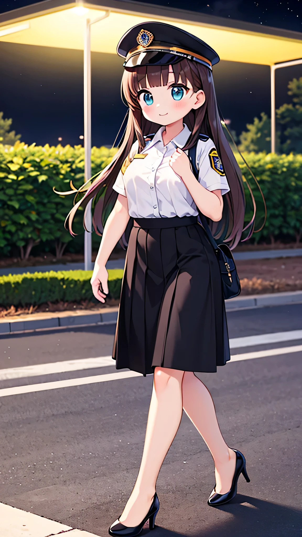 {highest quality], [Super beautiful], [Ultra fine], [Best illustration], NSFW,Brown Hair, Hime cut, Long Hair, With bangs, girl, Uniform cap,Security uniform, smile, blush, Slender women,Short sleeve,Long straight skirt, Adult women,walk,(Public）Night Park, diagonal,Bare feet and pumps, Plain black pumps