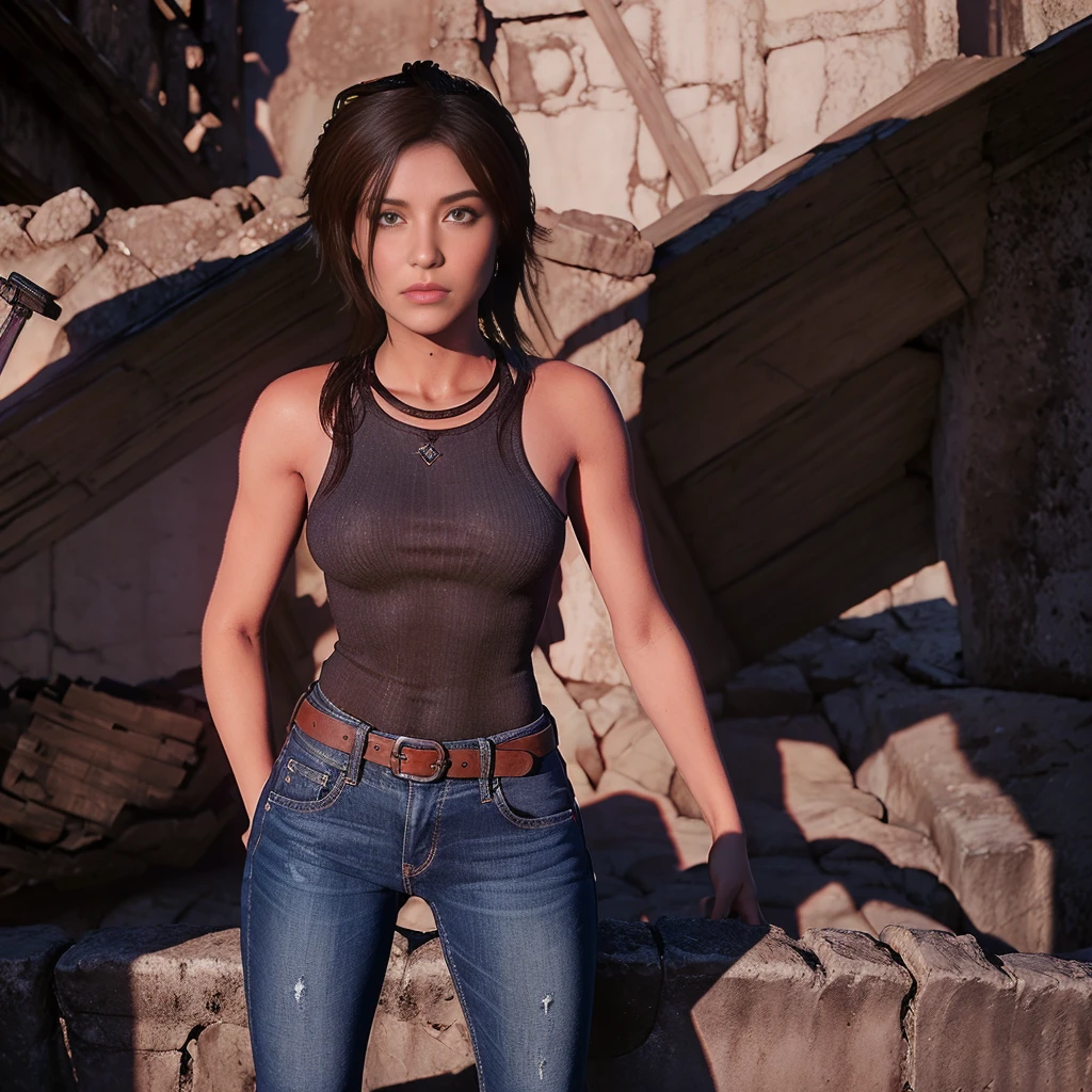 uma foto profissional de rottr_mulher lcraft, vestindo uma camisa cinza sem mangas com decote em V muito longo, denim trousers, tactical belts around the legs, dynamic pose standing on the Great Wall of China sunbathing, iluminado de rosto, ((Pele extremamente detalhada)), (Perfect perfect eyes))), (curvy hips:0.8), (Cinematic lighting), (fotorrealista:1.2), (desaturado:1.08), 8K, dslr, (bokeh), ultra high resolution