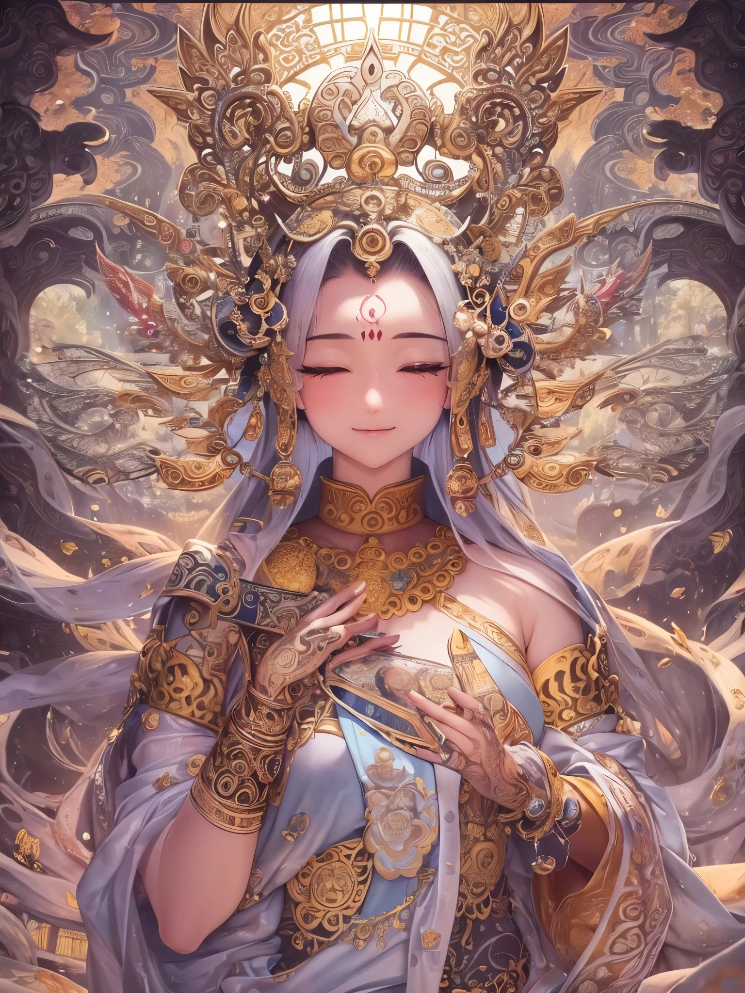 ((highest quality)),(Ultra-high resolution),(Very detailed),(Detailed Description),((The best CG)),(A masterpiece),Ultra-detailed art,Amazing drawing art,(Buddhist art with intricate detail:1.5),Buddhist painting, (1 adult female:1.6),(Beautiful and well-proportioned face:1.5),smile:1.6, creation of heaven and earth,Heaven and earth are opened,Unparalleled in the world,Invincible