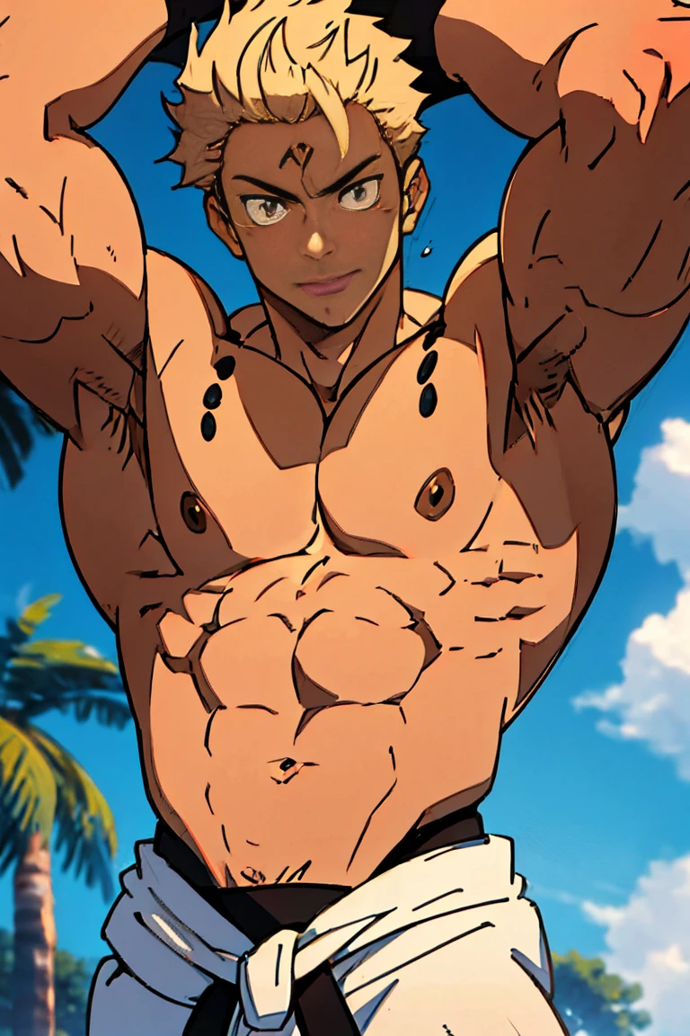 show off thick arms to the audience,closeup of arms,Shirtless,Photos from head to knees,The upper body is not worn,look above from the bottom,Shoulders exposed,Stout arms,A mais alta qualidade de imagem,Pessoas do sexo masculino,Child,1 ,jovem e bonito,Shoun,cabelos brancos,Cabelo liso curto,Pele escura,Anime peito grande,anime wallpaper,sozinho,Foco Masculino,cuecas,Dilation of the pectoral muscles,capa vermelhirilha saliente,Fundo Urbano,Espalhe as pernas,sexy,(master part, best quality),meias brancas longaotas Red Martin,Stretch your hands naturally,Dark skin,