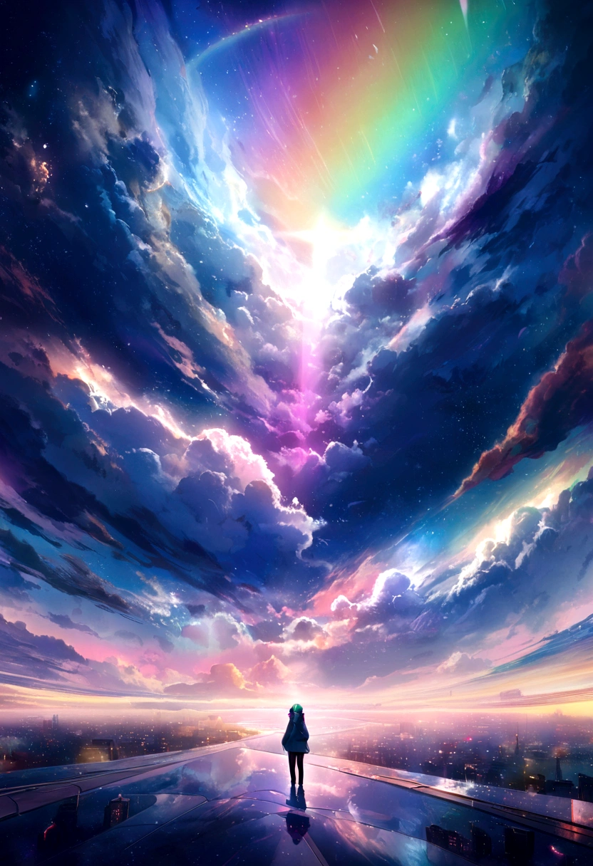 Future City、Neon Street、Super beautiful light、((Colorful light))、mysterious cityscape、8k,((cinematic light and shadow))、(((One City)))、Countless lights、Transparent Prism、(((A scene from a movie)))、((眩しいNeon Street))、Transparent Prism街、(((Rainbow light)))、((There are many different colors mixed together.))、((Starry Sky))、(((Ultra-realistic CG)))、Reflective Landscape、(((A small rainbow-shining figure)))、(Full body woman)、((hoodie))、((Wearing shiny futuristic headphones))、(((Standing in the distance)