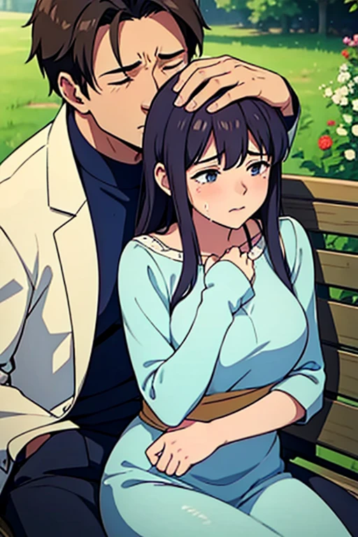 woman comforting man by hugging while his crying, sitting on a bench. light colors man's head on her chest