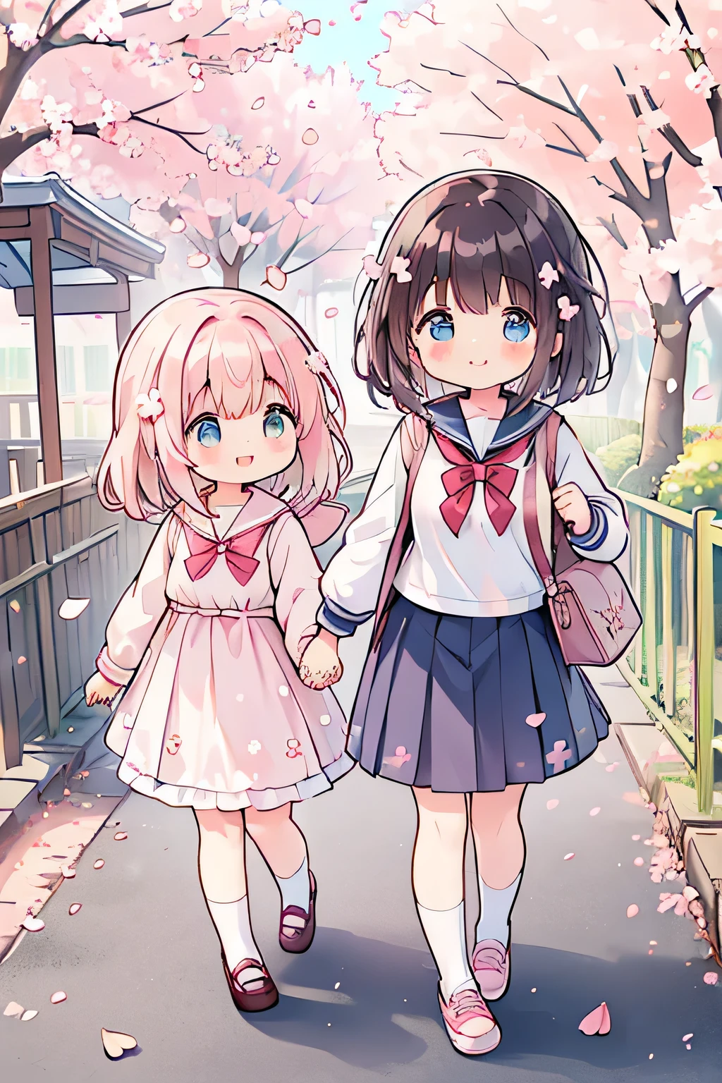 highest quality、High resolution、Detailed Background、(Detailed eyes:1.2)、10 year old beautiful girl、(Highly detailed face:1.4)、Huge breasts、Cute hair color、Cute hairstyle、
Carrying your backpack tightly、Walking energetically with small steps、
(The sight of children happily walking to school holding hands with their friends, chatting with smiles on their faces, and surrounded by falling cherry blossom petals:1.5)、
So cute!、It's soothing to watch.、
The way to school、A moment of fun、
Of girls with exciting hearts、A scene of friendship、
I can't help but smile、Such a day々In the scenery、
Watching over your little back makes me feel kind、
Because we wish for a childlike innocence and healthy growth、
A light blue uniform-style sailor dress with the hope that she will make her life better from now on.、
Stylish and clean-looking T-shirts and polo shirts with designs decorated with frills and ribbons、Skirts and culottes are suitable、Jackets and cardigans are recommended、
The design is decorated with ribbons and lace for a cute look.、Sneakers or flat shoes are recommended
