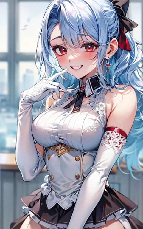 , Red eyes ,Blue eyeshadow, One girl, alone, , Earrings ,View Viewer, blush, , long white elbow satin gloves, , Maid clothes、Clothes covering the chest Jewelry, very, A kind smile, Long white elbow gloves, White gloves, 、whole body、Man muscle、Sexy、Knee-high socks、Sweaty。high resolution、8K