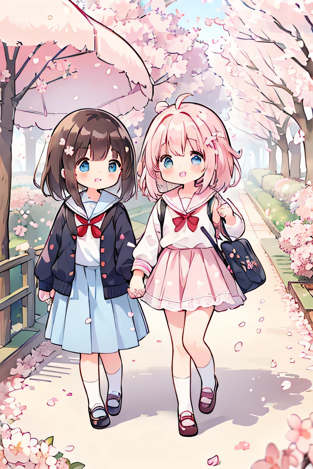 highest quality、High resolution、Detailed Background、(Detailed eyes:1.2)、 beautiful girl、(Highly detailed face:1.4)、Huge breasts、Cute hair color、Cute hairstyle、
Carrying your backpack tightly、Walking energetically with small steps、
(The sight of children happily walking to school holding hands with their friends, chatting with smiles on their faces, and surrounded by falling cherry blossom petals:1.5)、
So cute!、It's soothing to watch.、
The way to school、A moment of fun、
Of girls with exciting hearts、A scene of friendship、
I can't help but smile、Such a day々In the scenery、
Watching over your little back makes me feel kind、
Because we wish for a childlike innocence and healthy growth、
A light blue uniform-style sailor dress with the hope that she will make her life better from now on.、
Stylish and clean-looking T-shirts and polo shirts with designs decorated with frills and ribbons、Skirts and culottes are suitable、Jackets and cardigans are recommended、
The design is decorated with ribbons and lace for a cute look.、Sneakers or flat shoes are recommended