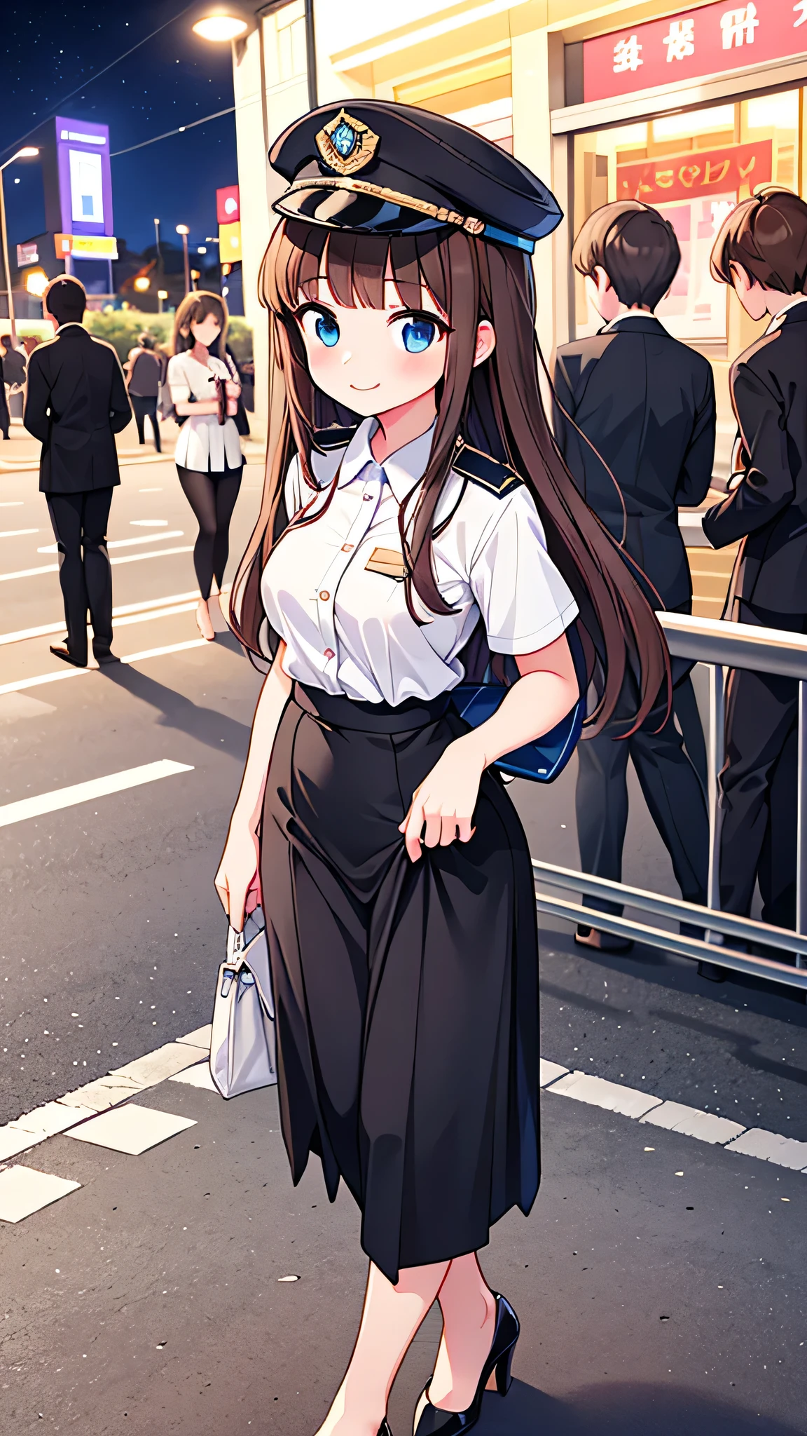 {highest quality], [Super beautiful], [Ultra fine], [Best illustration], NSFW,Brown Hair, Hime cut, Long Hair, With bangs, girl, Uniform cap,Security uniform, smile, blush, Slender women,Short sleeve,Long straight skirt, Adult women,walk,(Public）Night Park, diagonal,Bare feet and pumps, Plain black pumps