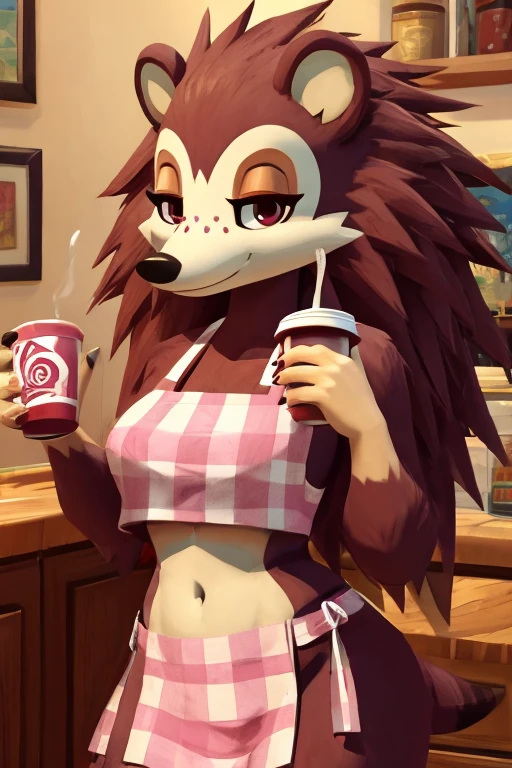 a digital artwork of sable wearing a crop top of her pink apron with a bare midriff and a bare navel, trending on artstation, 4k, anthro style, furry, she is drinking her coffee