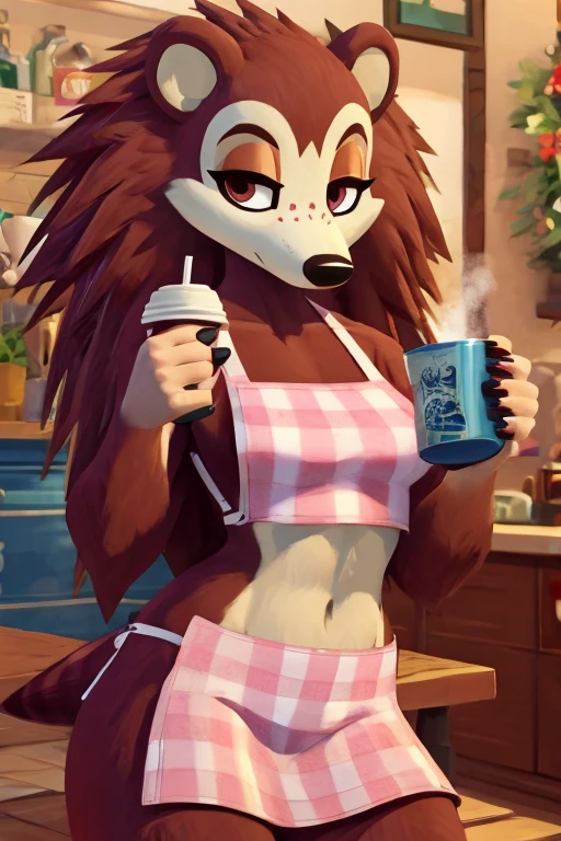 a digital artwork of sable wearing a crop top of her pink apron with a bare midriff and a bare navel, trending on artstation, 4k, anthro style, furry, she is drinking her coffee