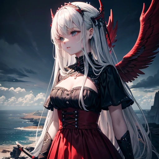 Black and white and blue and red,(highest quality, Super detailed, High resolution, Highly detailed CG),Wide Shot,Dead angels standing on the edge of a cliff,She is very beautiful,She loves blood and the sea,Rain of blood, Mysterious,Enthusiastic, complicated, Surreal,delicate Holding a sword