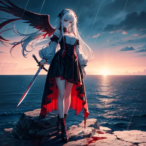 Black and white and blue and red,(highest quality, Super detailed, High resolution, Highly detailed CG),Wide Shot,Dead angels standing on the edge of a cliff,She is very beautiful,She loves blood and the sea,Rain of blood, Mysterious,Enthusiastic, complicated, Surreal,delicate Holding a sword