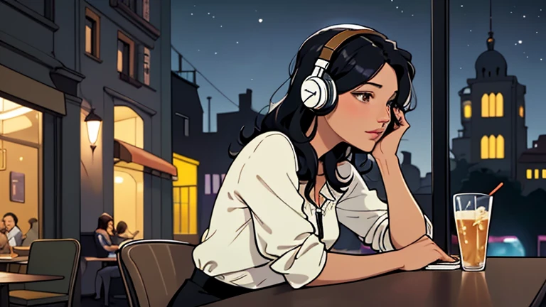 Beautiful woman in her 30s with black hair is sitting with headphones on the cafe terrace. Looking down, LOFI girl, alone in the room, blouse, cozy wallpaper, relaxing mood, night core, cozy, only five fingers, European cityscape