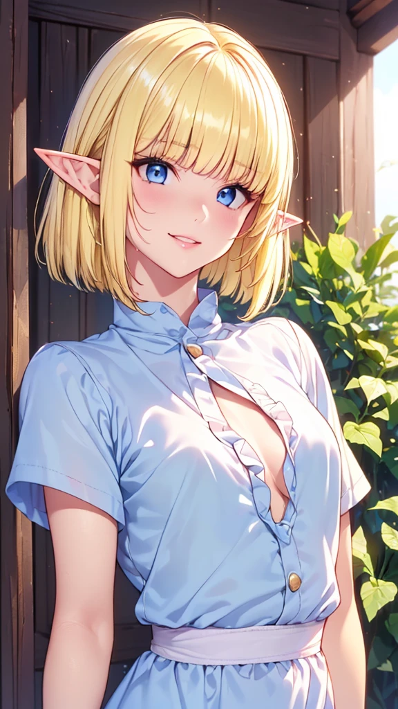 Very close、((Focus on the upper body))、16k、masterpiece、High resolution、High resolution、((1 young elven woman))、((Beautiful white skin))、((Beautiful blonde))、((Small breasts))、Bunhead、short hair、((Beautiful Blue Eyes))、((Pointed Ears))、Smiling Kindly、Grin、blush、Pink Lip Gloss、Shiny skin、((Ruffled short sleeve shirt))、Open Cafe