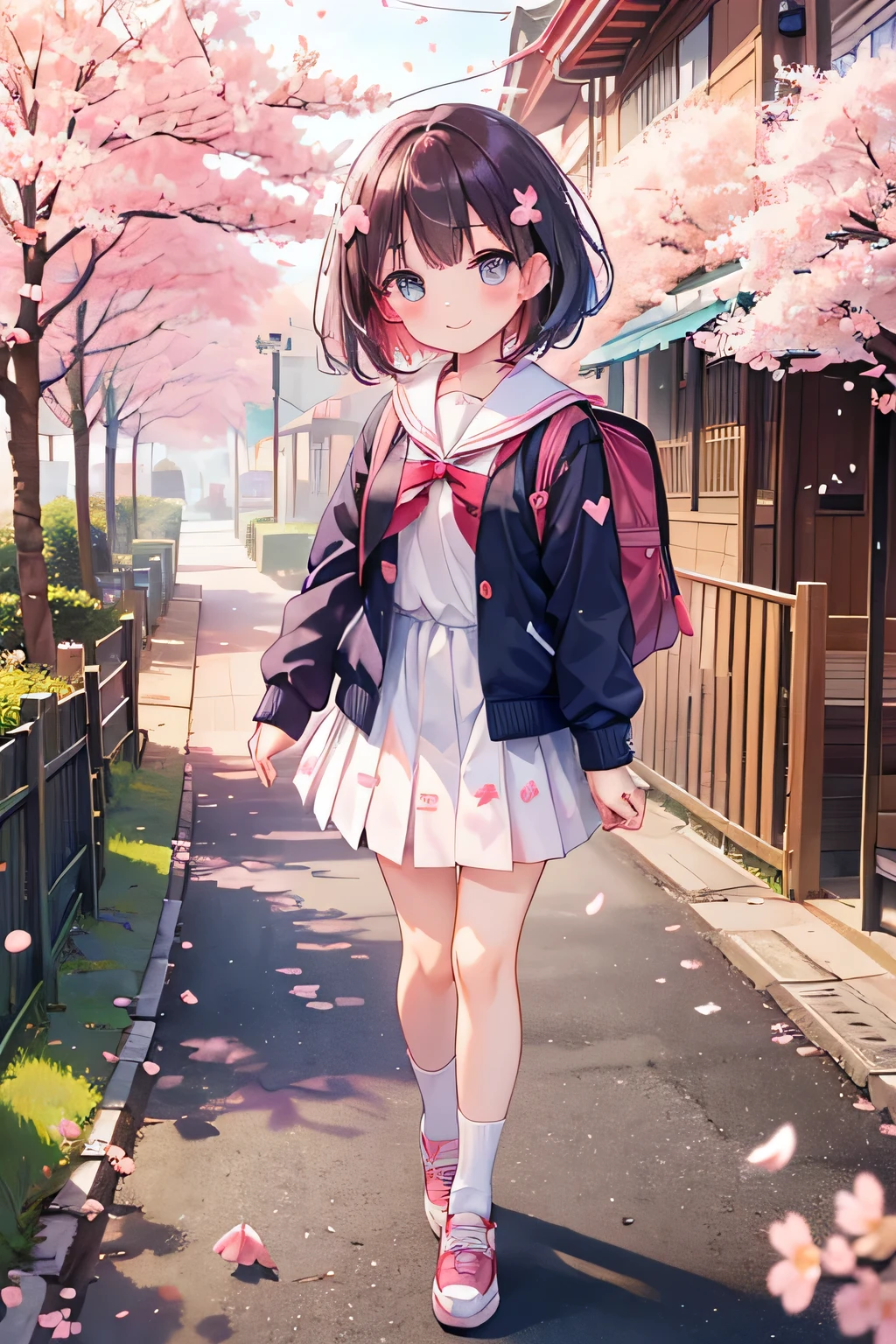 highest quality、High resolution、Detailed Background、(Detailed eyes:1.2)、10 year old beautiful girl、(Highly detailed face:1.4)、Huge breasts、Cute hair color、Cute hairstyle、
Carrying your backpack tightly、Walking energetically with small steps、
(The sight of children happily walking to school holding hands with their friends, chatting with smiles on their faces, and surrounded by falling cherry blossom petals:1.5)、
So cute!、It&#39;s soothing to watch.、
The way to school、A moment of fun、
Of girls with exciting hearts、A scene of friendship、
I can&#39;t help but smile、Such a day々In the scenery、

Watching over your little back makes me feel kind、
Because we wish for a childlike innocence and healthy growth、
A light blue uniform-style sailor dress with the hope that she will make her life better from now on.、
Stylish and clean-looking T-shirts and polo shirts with designs decorated with frills and ribbons、Skirts and culottes are suitable、Jackets and cardigans are recommended、
The design is decorated with ribbons and lace for a cute look.、Sneakers or flat shoes are recommended