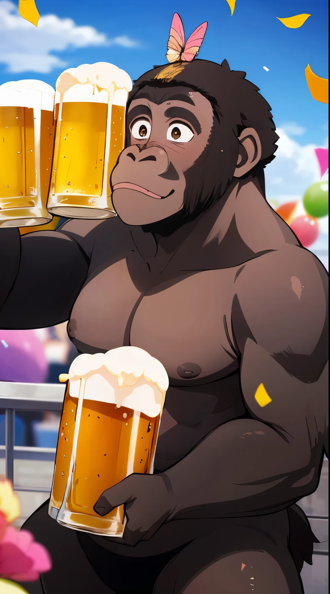 masterpiece, best quality, highres,wide view,(many flying flowers:1.5), (meny colorful confetti:1.3),lots of celebrations,lots of people celebrating,(Many flying cute objects:1.2),(Beer Party:1.4),(Handsome gorilla:1.2),(gorilla:1.2),,
