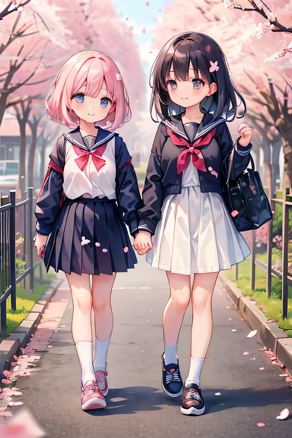 highest quality、High resolution、Detailed Background、(Detailed eyes:1.2)、 old beautiful girl、(Highly detailed face:1.4)、Huge breasts、Cute hair color、Cute hairstyle、
Carrying your backpack tightly、Walking energetically with small steps、
(The sight of children happily walking to school holding hands with their friends, chatting with smiles on their faces, and surrounded by falling cherry blossom petals:1.5)、
So cute!、It's soothing to watch.、
The way to school、A moment of fun、
Of girls with exciting hearts、A scene of friendship、
I can't help but smile、Such a day々In the scenery、
Watching over your little back makes me feel kind、
Because we wish for a childlike innocence and healthy growth、
A light blue uniform-style sailor dress with the hope that she will make her life better from now on.、
Stylish and clean-looking T-shirts and polo shirts with designs decorated with frills and ribbons、Skirts and culottes are suitable、Jackets and cardigans are recommended、
The design is decorated with ribbons and lace for a cute look.、Sneakers or flat shoes are recommended