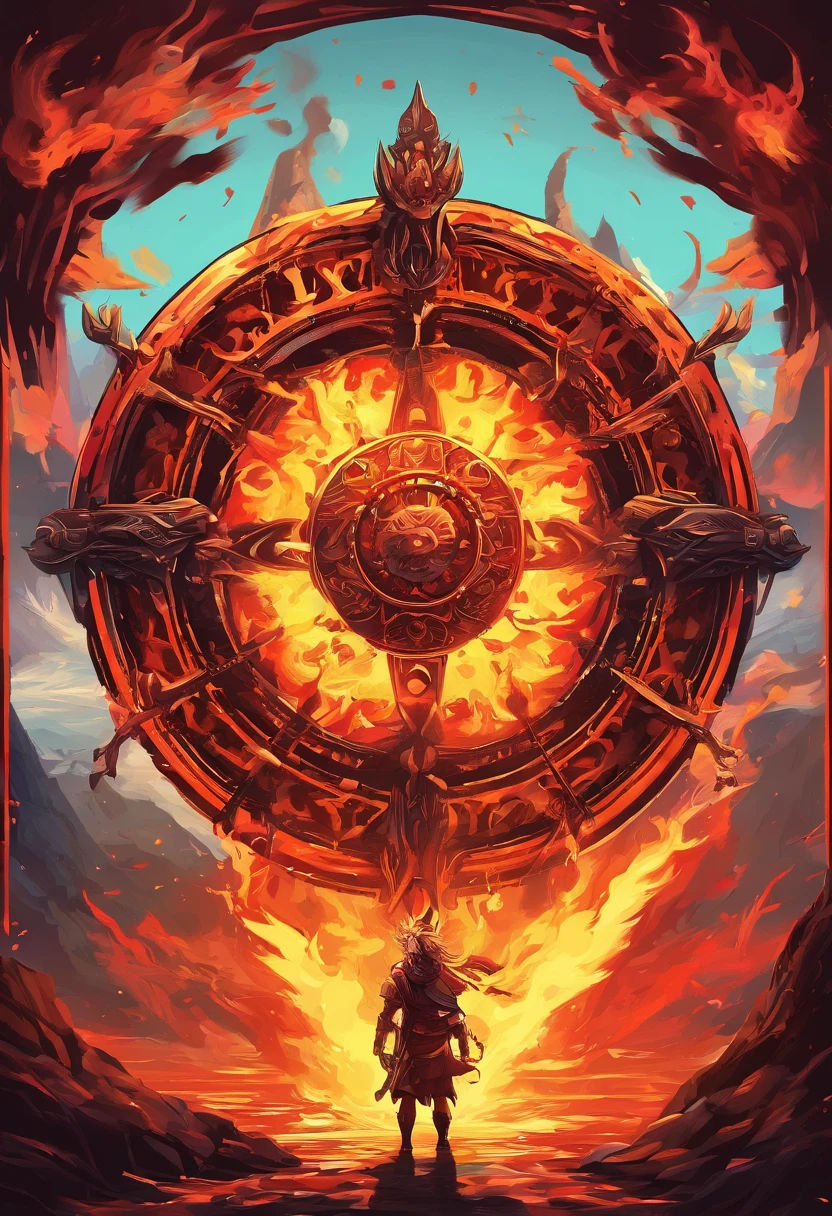 Giant Wheel of Fortune,Wheel of fortune spinning with flames,The background is the inside of an active volcano,magma,shortage々Cool atmosphere,Light and shadow contrast.