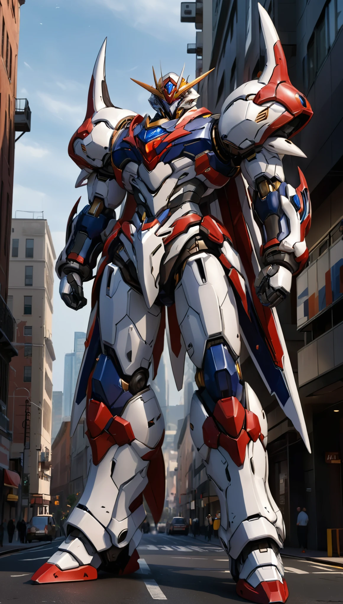 Humanoid Mecha, fully enclosed shoulder guards, matching arm and leg guards, full body, full armor, the design balances heavy with agility, (the color scheme is primarily white with red and blue accents, the concept Inspired by Super robot, organic biotech armor, standing, floating high above the futuristic sci-fi city), exquisite and mature art style, (aura effect, energy, glowing eyes, the armor glows), ((SRS)), metallic, dynamic, dramatic, high definition, best quality, highres, ultra-detailed, ultra-fine painting, extremely delicate, professional, perfect body proportions, anatomically correct, symmetrical face, extremely detailed eyes and face, high quality eyes, creativity, RAW photo, UHD, 32k, Natural light, cinematic lighting, masterpiece-anatomy-perfect, masterpiece:1.5