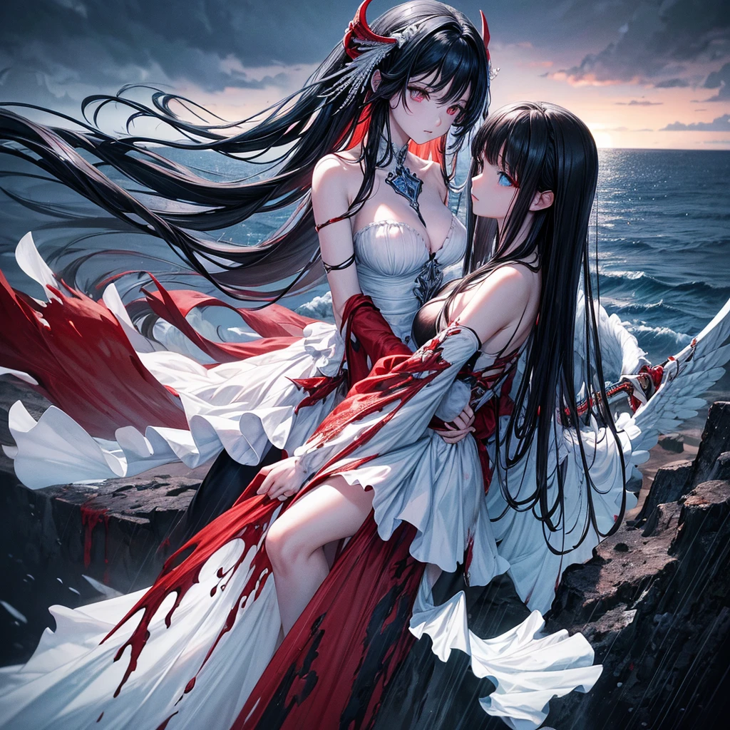 Black and white and blue and red,(highest quality, Super detailed, High resolution, Highly detailed CG),Wide Shot,Dead angels standing on the edge of a cliff,She is very beautiful,She loves blood and the sea,Rain of blood, Mysterious,Enthusiastic, complicated, Surreal,delicate Holding a sword