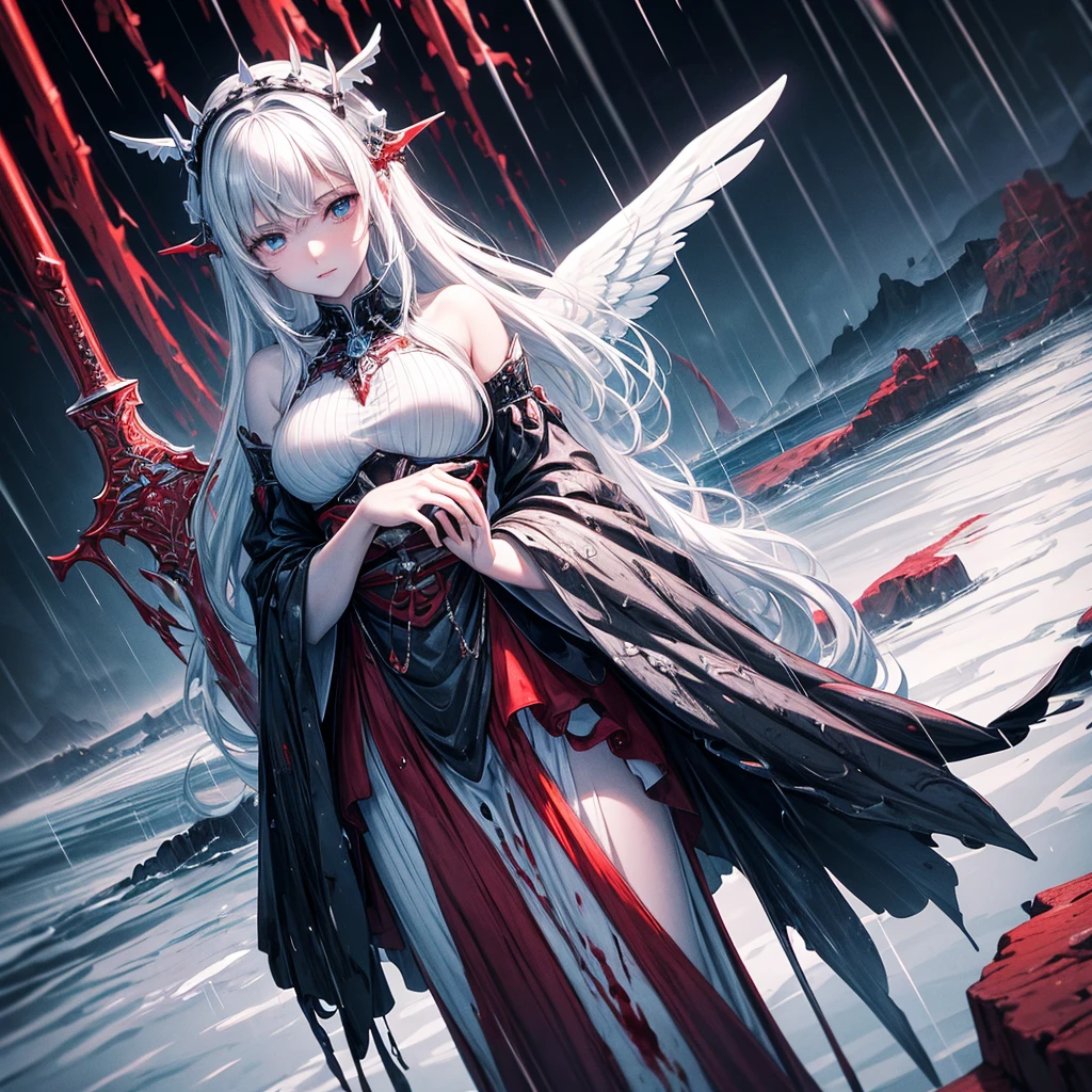 Black and white and blue and red,(highest quality, Super detailed, High resolution, Highly detailed CG),Wide Shot,Dead angels standing on the edge of a cliff,She is very beautiful,She loves blood and the sea,Rain of blood, Mysterious,Enthusiastic, complicated, Surreal,delicate　Holding a sword