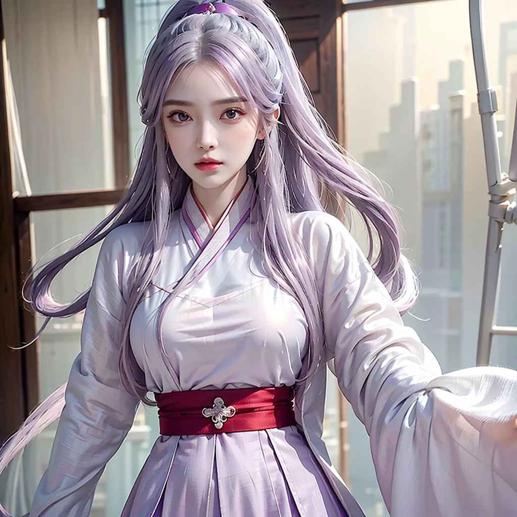 Reality, high resolution, 1 girl, Hip lift, beautiful eyes, light purple hair, Complex Jinqi Hanfu, Gorgeous accessories, Wear pearl earrings, Red clothes
