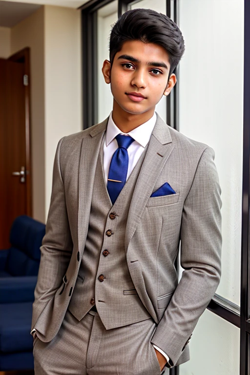 21 year old Indian boy with fair skin wearing suit and narrow body posing for a LinkedIn picture in formal