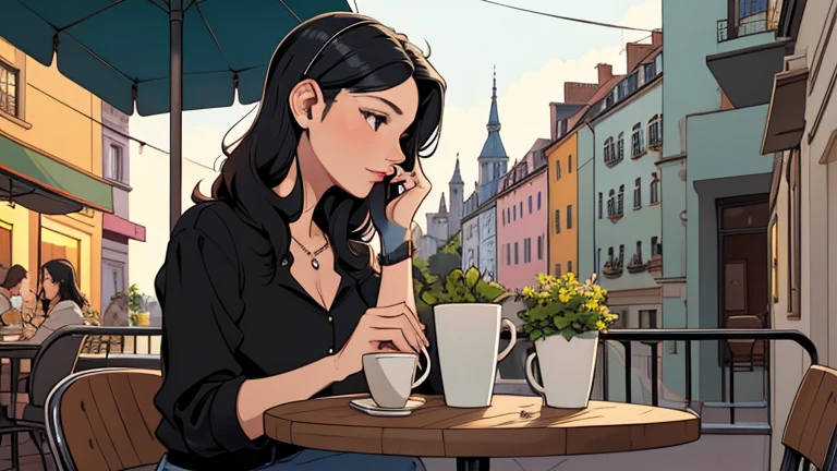 Beautiful woman in her 30s with black hair is sitting with headphones on the cafe terrace. Looking down, LOFI girl, alone in the room, blouse, cozy wallpaper, relaxing mood, cozy, only five fingers, European cityscape ,Black Eyes