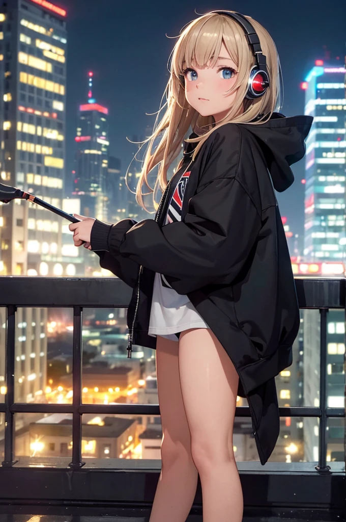 (best quality, masterpiece, ultra highres, ultra-detailed:1.2) , top-tier quality, 16K UHD, flat color, tween girl, profile,detailed face,Cityscape at Night, solo, introspective, reflective, contemplative, gaze fixed on the highway, headphones on, hoodie, long exposure photography, light trails crisscrossing the night sky, detailed facial features, highlighted by the city lights, fair skin with a natural glow, rooftop setting with the city's twinkling lights as a backdrop,she has a crutch on her chin, ((fullbody)),side angle, ,depth of field,portrait, 
