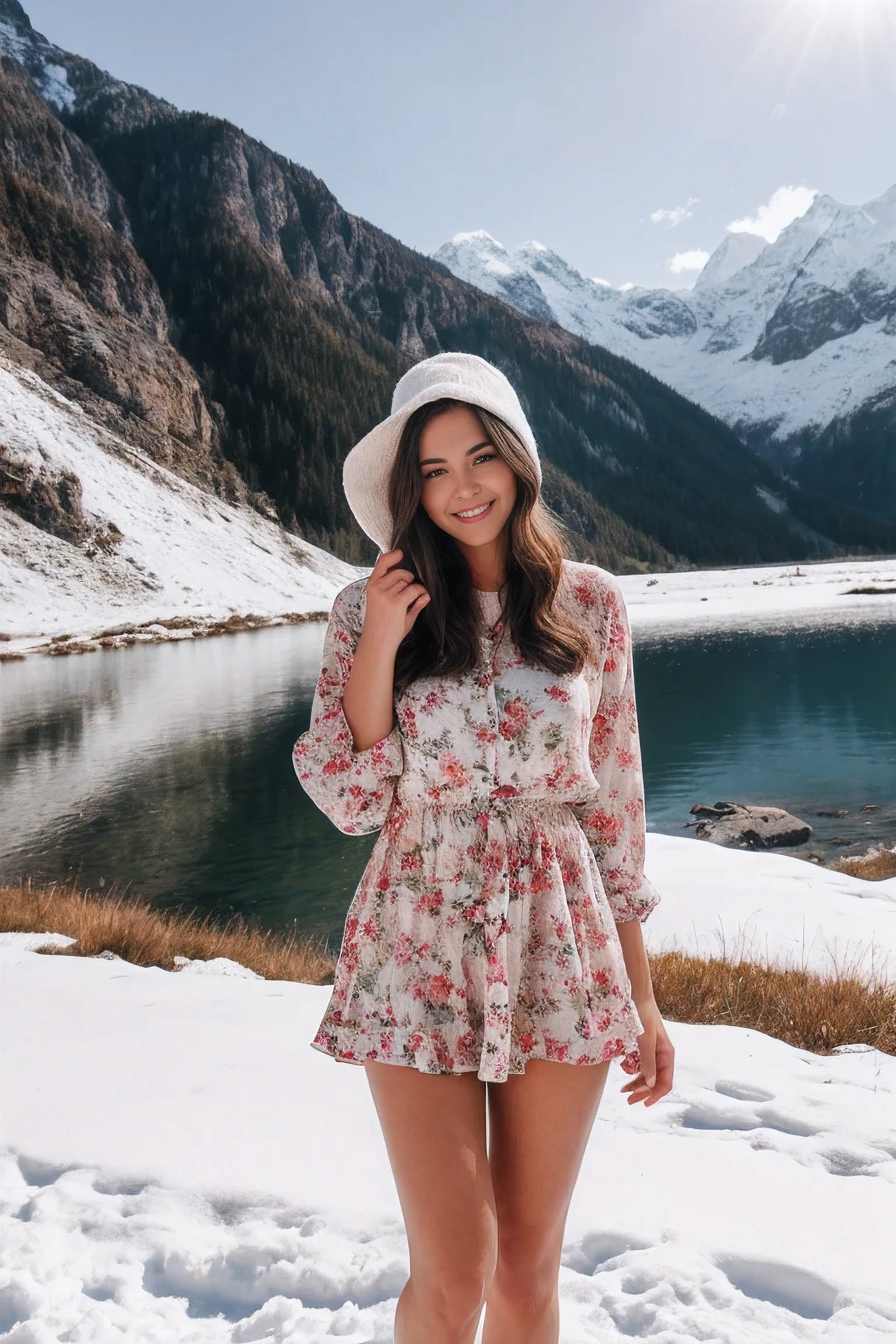 A beautiful woman with light hair, flowers, snow-capped mountains, summer