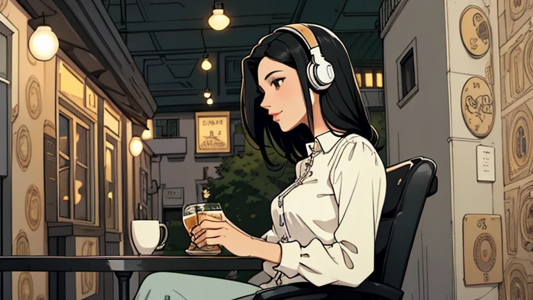 Beautiful woman in her 30s with black hair is sitting with headphones on the cafe terrace. Looking down, LOFI girl, alone in the room, blouse, cozy wallpaper, relaxing mood, cozy, only five fingers, European cityscape ,Black Eyes