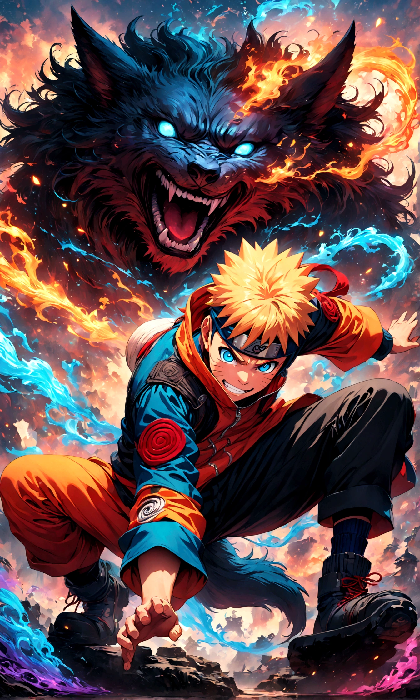 (1 teenager,uzumaki naruto),comics『Naruto』character,Focus on boys,Scroll to expand,Use of magic,Fighting Style,Sarcastic smile,Magical Effects,Intricate details,Wide range of colors,artwork,rendering,(masterpiece:1.3),(highest quality:1.4),(Very detailed:1.5),High resolution,Very detailed,unity 8k wallpaper,Enjoy the fight,Draw a nine-tailed fox in neon colors on the background