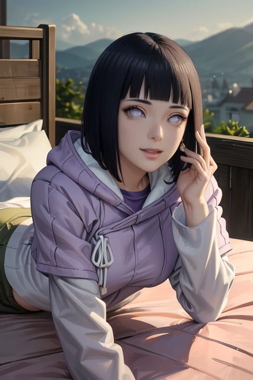 (best quality,4k,8k,highres,masterpiece:1.2),ultra-detailed,realistic,photorealistic:1.37,detailed eyes,beautiful detailed lips,pale.hinata hyuga wearing hoodie, layered sleeve, perfect figure, attractive rounded breasts, naughty smile, puffy lips, posing in sunshine, outdoor , purple layered hoodie, relaxed brown pants, attractive detailed eyes, fit waist, showing hip, ass show in bed, ass, taking selfie short hair
