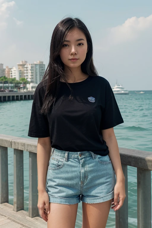 A girl with dark hair in a T-shirt and shorts stands on the sea promenade. Asian appearance, age 25 years