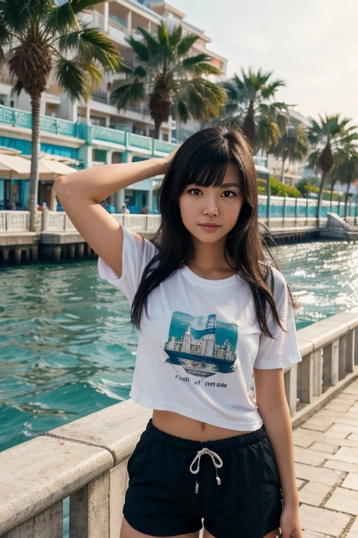 A girl with dark hair in a T-shirt and shorts stands on the sea promenade. Asian appearance, age 25 years