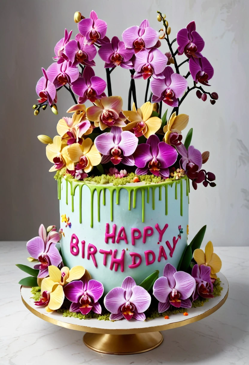 Crie um bolo colorido, muito alegre, that contains the phrase Happy Birthday Mom, This cake must be surrounded by more than 20 orchids of various species.