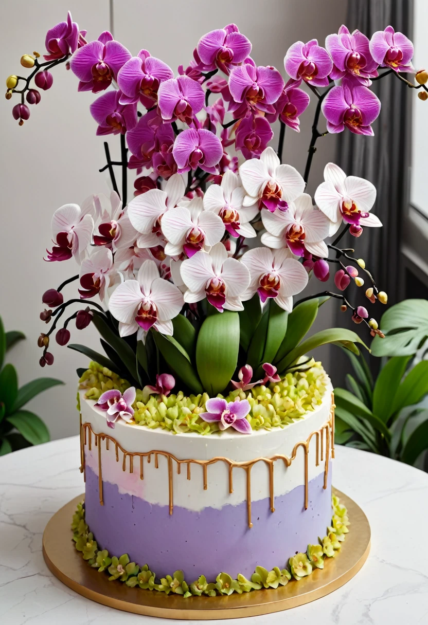 Crie um bolo colorido, muito alegre, that contains the phrase Happy Birthday Mom,  This cake must be surrounded by more than 20 orchids of various species.