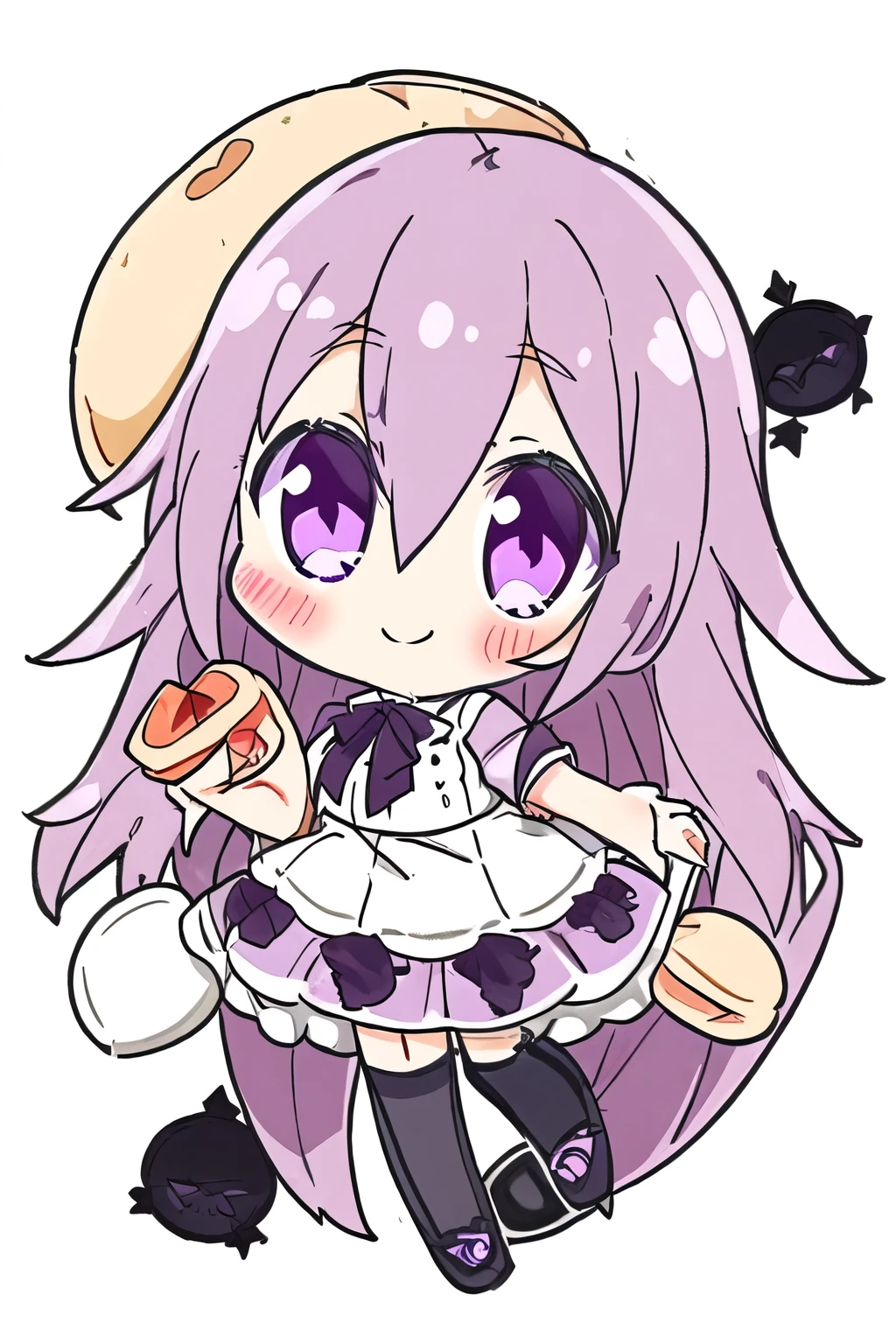 wide eyes,detailed face ,whole body,round, large, dark violet eyes, pancake dark straight knee length hair, innocent smile, Jeirai-k outfit, stockings, cute shoes, neat nose 