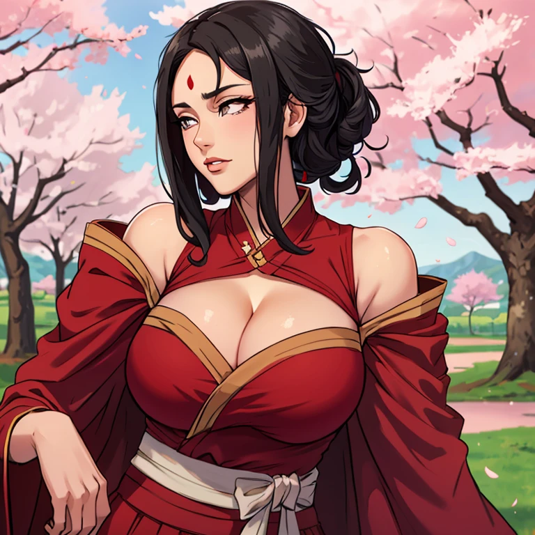 masterpiece, Best quality at best, 1girll, hanabi hyuga, Large breasts, (Off-the-shoulder attire, (cleavage), (upperbody closeup), Raised sexy, with black hair, Forehead protection, the cherry trees, Cherry blossoms flying, Red clothes sleeveless