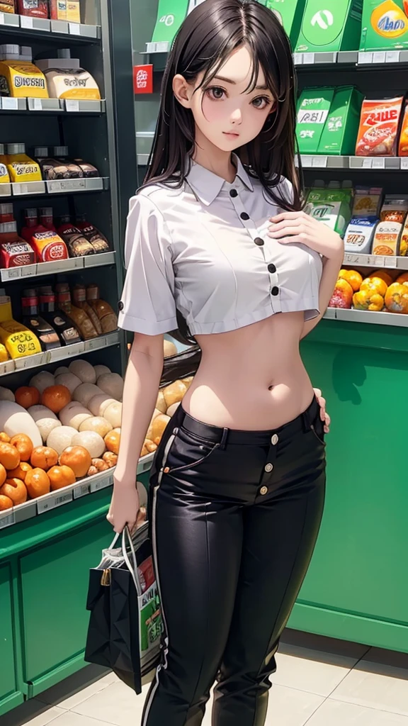 Women in crop top supermarket retail staff button uniform, showing navel, show belly, in supermarket, expose a lot of abdomen area around belly button, realistic bellybutton shape, very low waist pants , beautiful belly