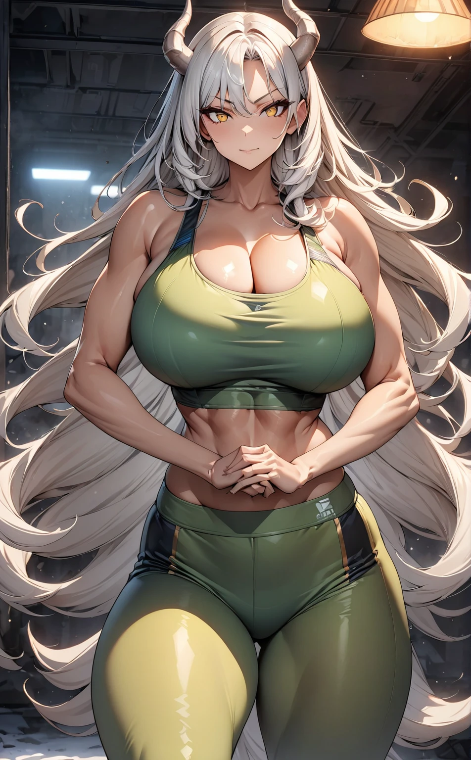 Masterpiece, very detailed, ultra detailed, one, (1 woman), she is in a green sports bra and green leggings and in a fighting position with a large two-handed sword in her hands, super mature, tall, milf style, mature mother, six press packages, super long hair, bright snow-white hair and side hair, white demonic horns, beautiful, charming, bright golden eyes, dragon eyes, elegant, big breasts (huge), cheerful breasts, serious face, charming, dark atmosphere, against the background of the training area.